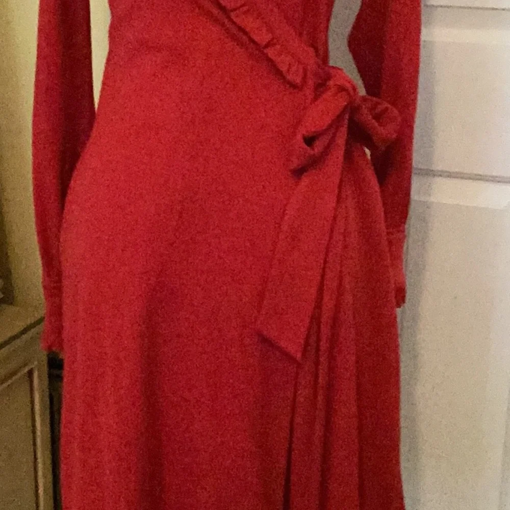 Diane von Furstenberg Deep Red Wrap Dress w/ Ruffles & Slightly Puffed Sleeves